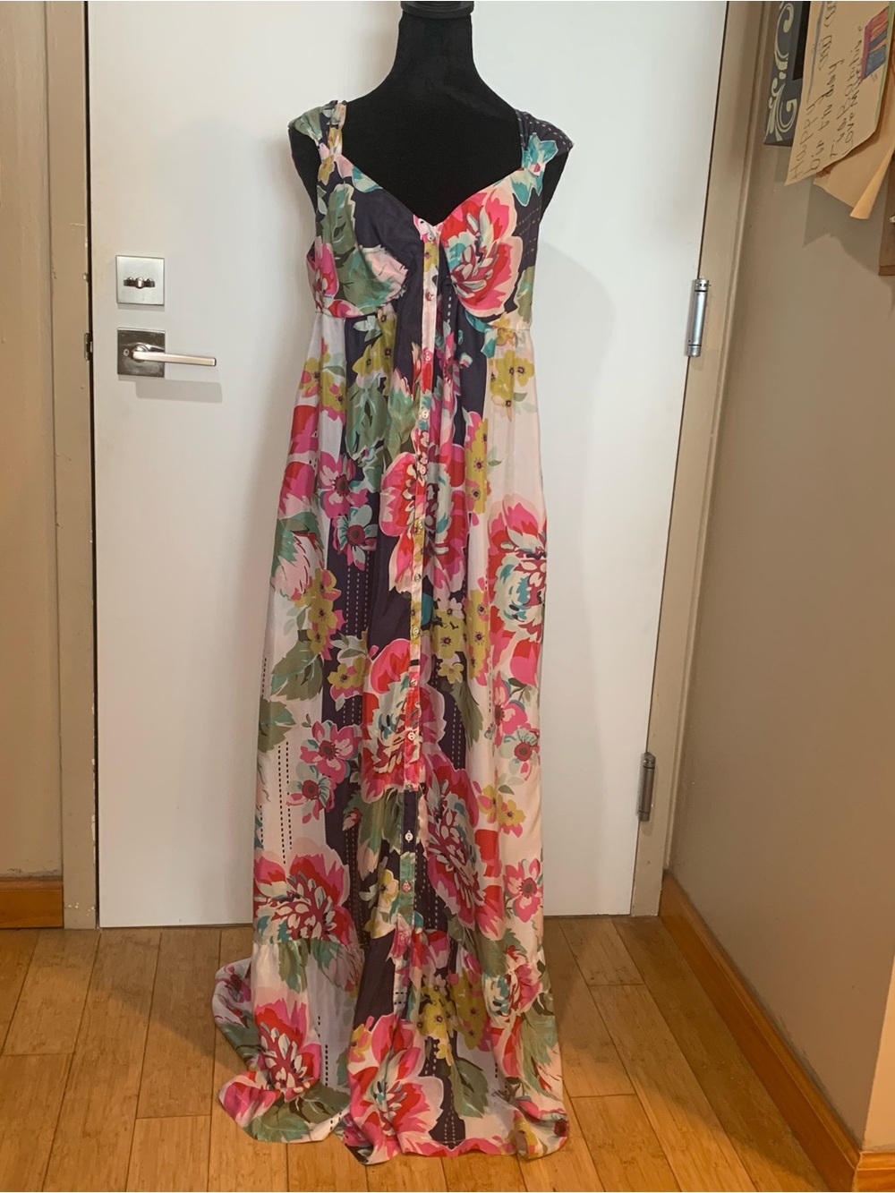 JOHNNY WAS 100% Silk Medium Vibrant Multicolor Floral Maxi Dress. Silk Buttons